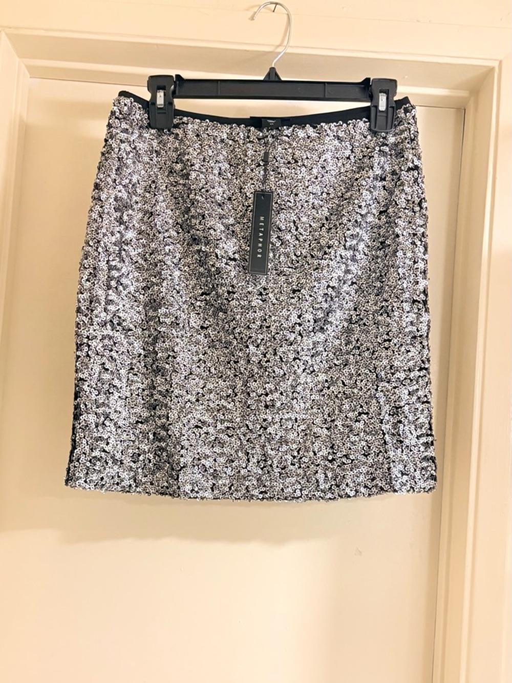 Metaphor Silver Sequin Mini Skirt with Black Trim